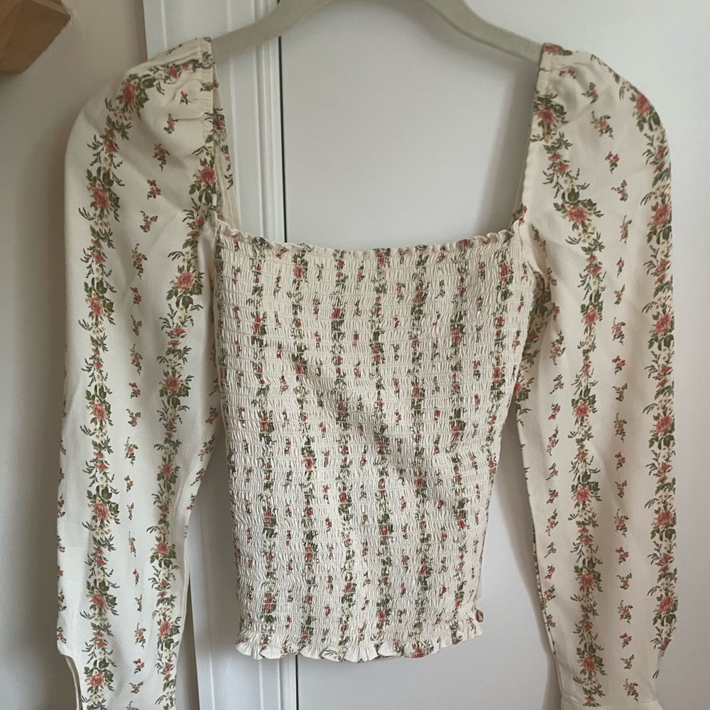 Reformation Floral Smocked Top - Cream and Red